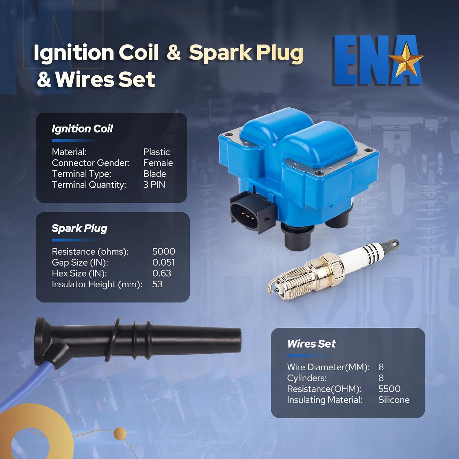 ENA Set of 2 Blue Ignition Coil with 8 Platinum Spark Plug and Blue Wire Set Compatible with Ford Crown Victoria E-150 F-150 F-250 Ranger Expedition Explorer Thunderbird 2.3L 2.5L 4.6L 5.0L V8