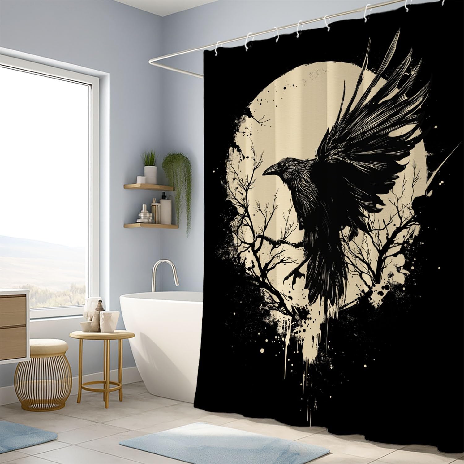 Generico Stile gotico Tenda Da Doccia Fantasia Corvo Paesaggio Nero Beige, Tenda Da Doccia Per Bagno, Vasca Da Bagno, Tenda In Poliestere Impermeabile Con Ganci In Plastica, 180 x 200 cm