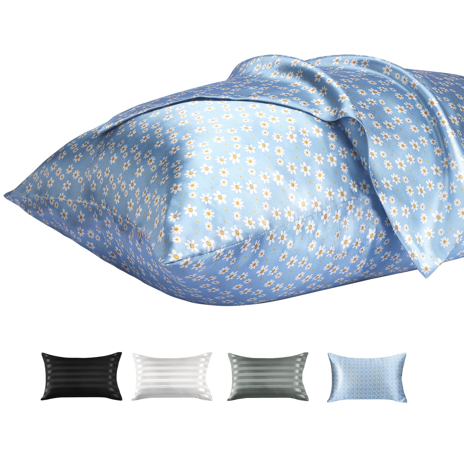 Lirex 2 Packs Satin Pillowcase 50 x 90 cm, Soft Like a Silk Pillowcase, Covers with Zipper Closure, Protects Hair and Skin, Soft Floral Design with Blue Daisy