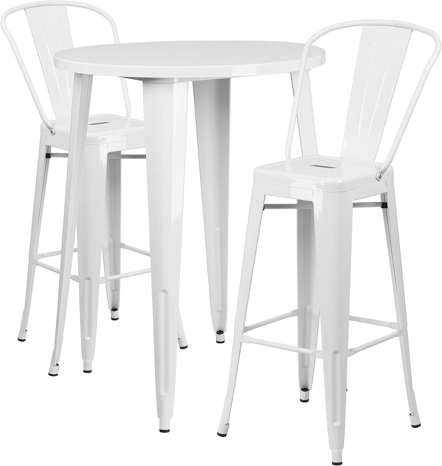 BOWERY HILL Contemporary 3 Piece Metal Pub Set, 30" Round White Table and 2 Bar Stools, Galvanized Steel Construction, Indoor Outdoor Dining Set for Patio, Restaurant, or Home Use