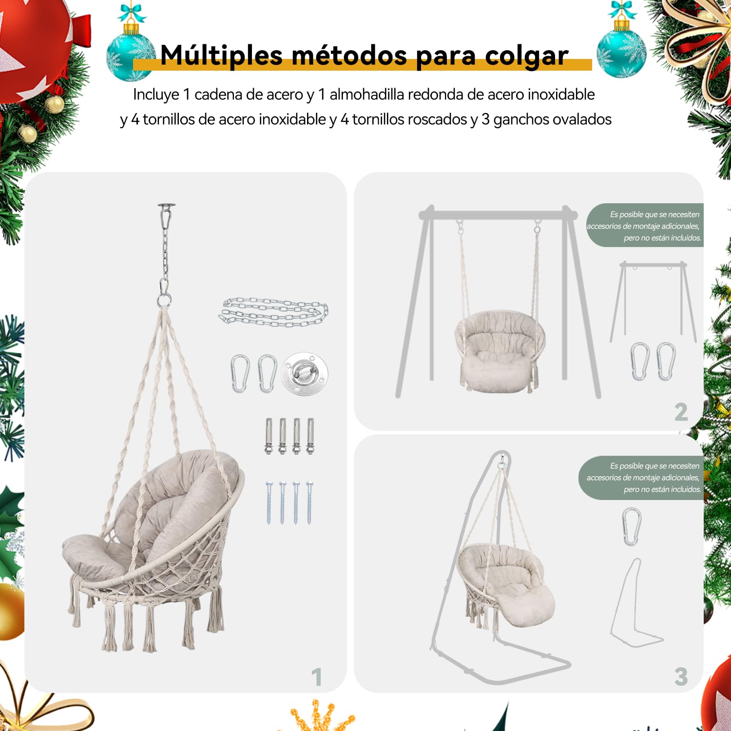 Bathonly Silla Colgante, hasta 150 Kg, Hamaca Algodón con Conjines, Mecedora Macramé, Hecha a Mano con Kit de Suspensión, Bohemio, Jardín, Interior y Exterior, Beige