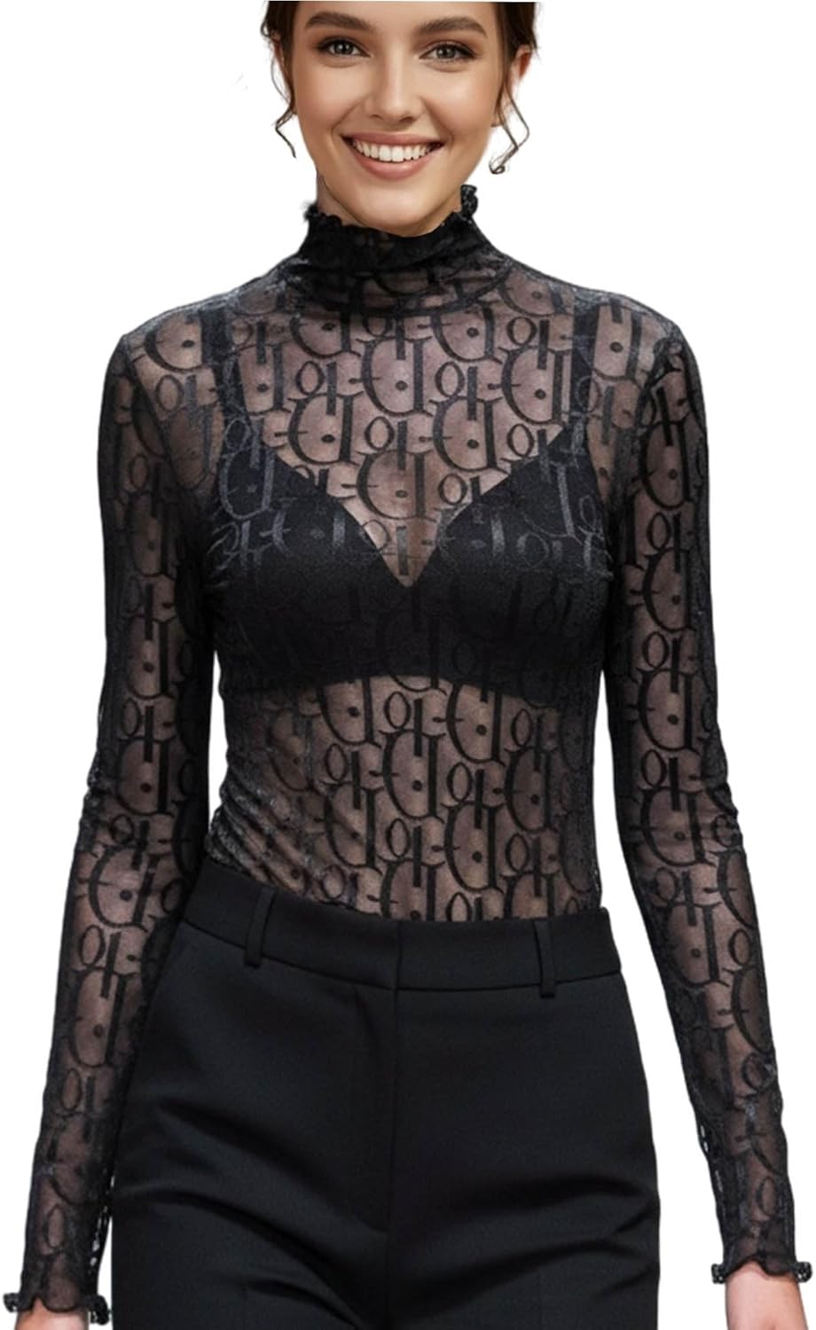 METWAY Black Sheer Top Women Mesh Long Sleeve Tops Lace Turtleneck See Through Undershirt Sexy Blouse Going Out T Shirt