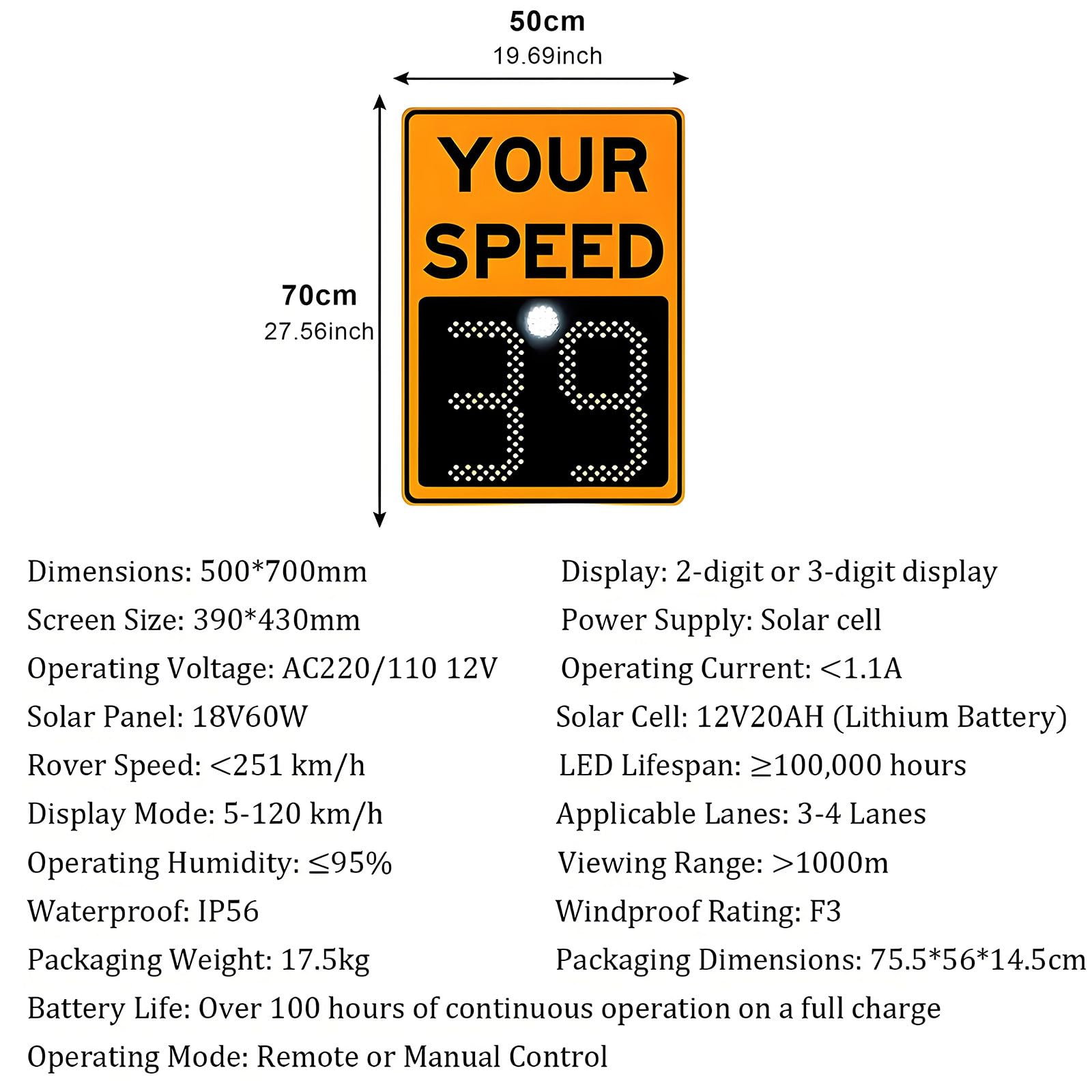 Señal de velocidad de radar, LED solar, señal de límite de velocidad variable, 24 x 35 pulgadas y 20 x 27 pulgadas, señalización de seguridad vial con accesorios y pantalla de 3 dígitos para control