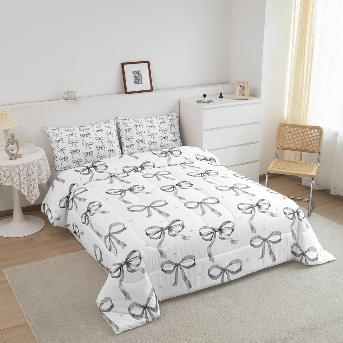Feelyou Grey Bowknot Bedding Set Queen Size Watercolor Bow Comforter Set for Kids Coquette Bows Comforter Women Men Teens Ultra Soft Decor Bow Duvet Set
