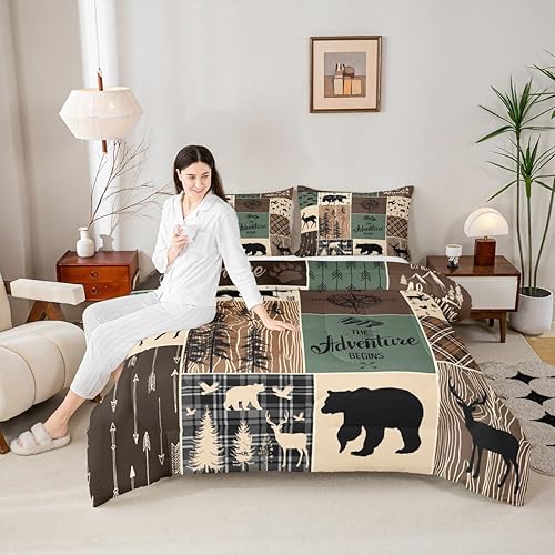 Miniatura 2 de Juego de edredón de oso de caza, ciervo, juego de ropa de cama a cuadros tamaño King, edredón rústico de retazos de cabaña para niños, adolescentes,