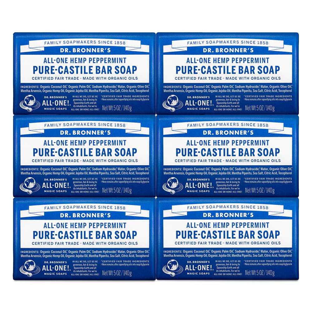 Dr Bronners - Pure-Castile Bar Soap Peppermint 5 ounce 6-Pack - Made with Organic Oils For Face Body