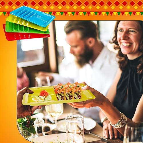 Miniatura 9 de Uiifan 24 soportes de plástico para tacos con divisor, 2 compartimentos, platos coloridos para tacos aptos para microondas, bandeja para tacos,