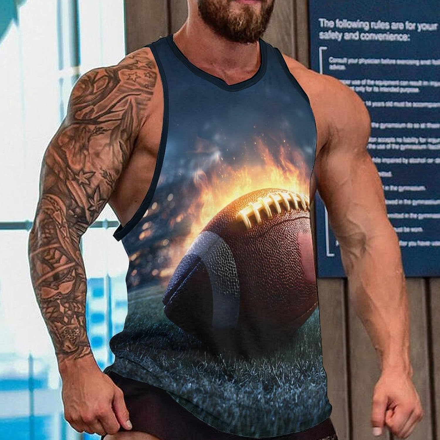 Fire Football Print Men Tank Top Workout Shirt Muscle T Shirt 5XL