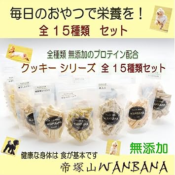 Amazon 犬用手作りおやつ 栄養たっぷり無添加クッキー無添加プロテイン配合 15種類セット80ｇ 15袋 ワンちゃん大喜び ドッグ フード オヤツ ごちそう プレゼント 手作り食 ご飯 記念日 人気 無添加 トッピング 帝塚山wanbana ワンバナ Dolce Del 帝塚山wanbana
