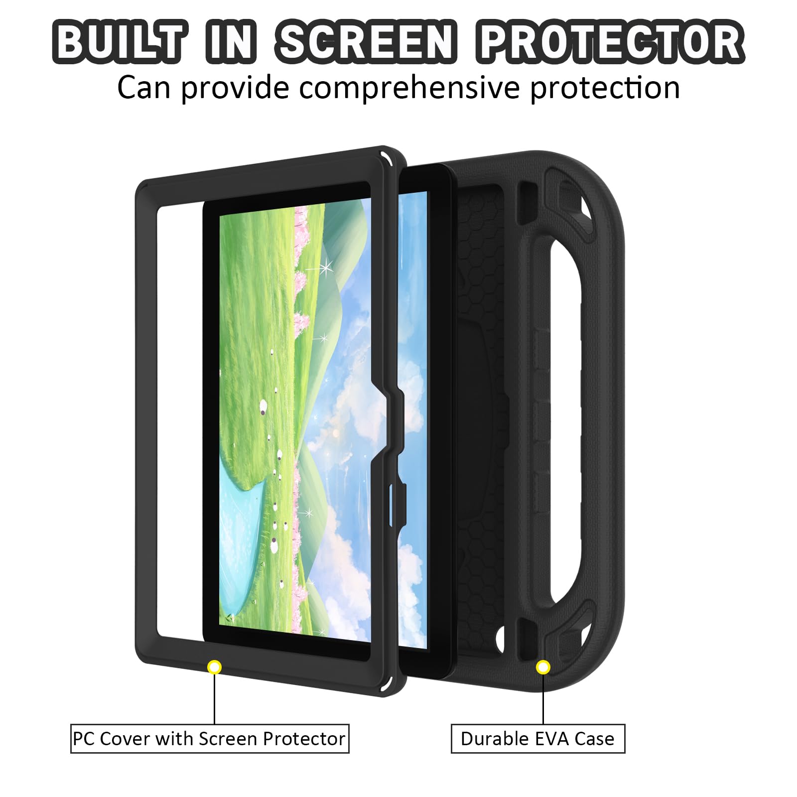 MENZO Custodia per bambini per tablet da 10 pollici (versione 2023/2021, 13a/11a generazione), pellicola protettiva integrata antiurto Lightwight con supporto per manico, nera