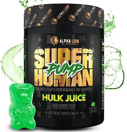 ALPHA LION Superhuman Pump Pre Workout Powder, Nootropic Caffeine & Stim Free Preworkout Supplement, Nitric Oxide Booster, Muscle Gainer, Energy & Focus (42 Servings, Hulk Juice Flavor)