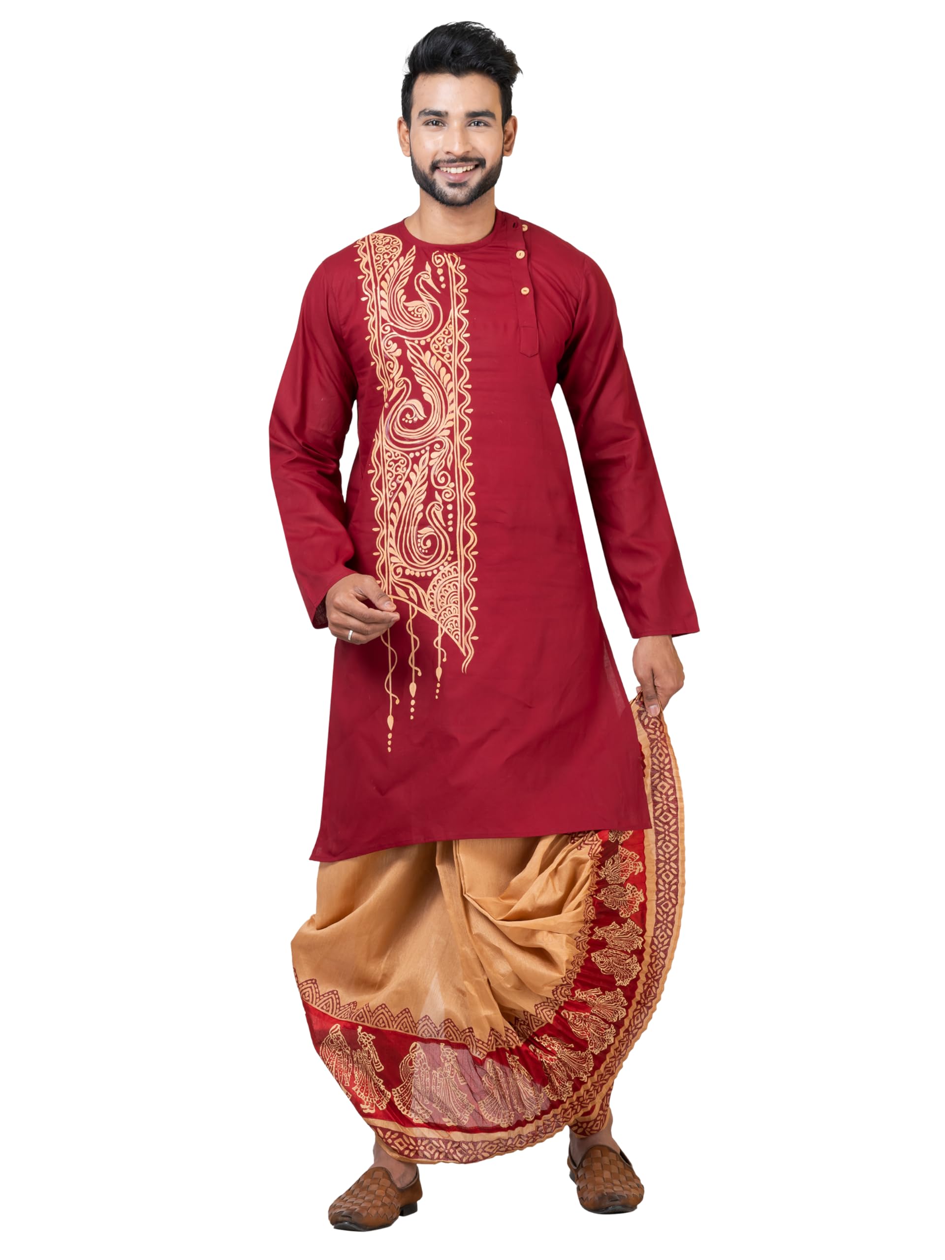 Men’s Cotton Kurta & Silk Dhoti Set | South Indian Traditional Ethnic Wear | Wedding, Puja & Festival Outfit | Full Sleeve Round Neck-picture-23