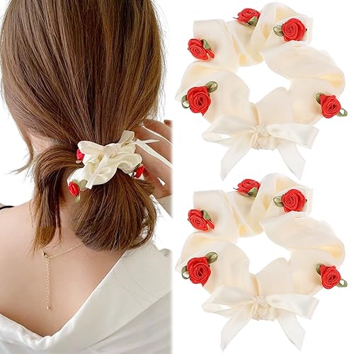 TUCEWP Coleteros de satén para el cabello con lazos de flores bandas elásticas para el cabello grueso 2 piezas lindas accesorios de decoración de