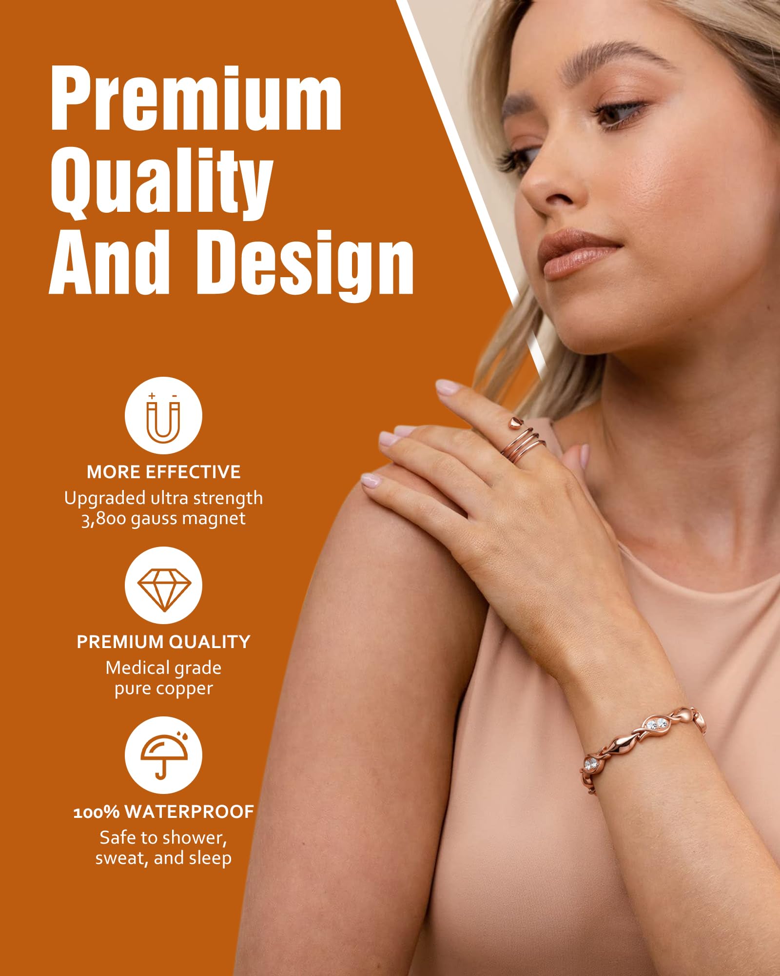 Jecanori Bracelets en cuivre pur pour femme, bracelet magnétique ultra résistant pour femme avec aimant de 3800 gauss et pierre de cristaux autrichiens éblouissants, cadeau en cuivre