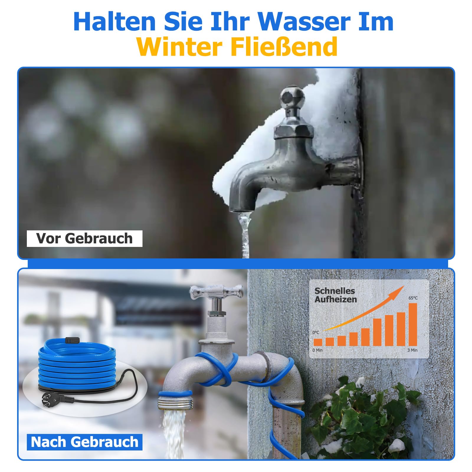 4M Heizkabel mit Thermostat, Frostschutz Heizleitung, 20 W/m Selbstregulierendes Heizband, iP67 Wasserdicht, Zum Schutz Wasserleitungen, Haus, Pool, Teich (4M, Blau)