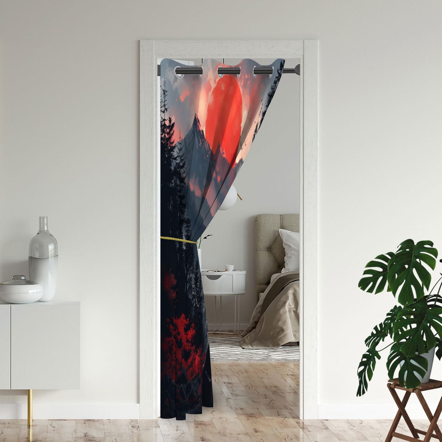 Japanese Samurai Door Curtains for Doorways, Red Trees Mountains Anime Blackout Curtain for Kids Bedroom Closet, Grommet Thermal Insulated Privacy Door Drapes for Room Divider, 34"W x 80"L