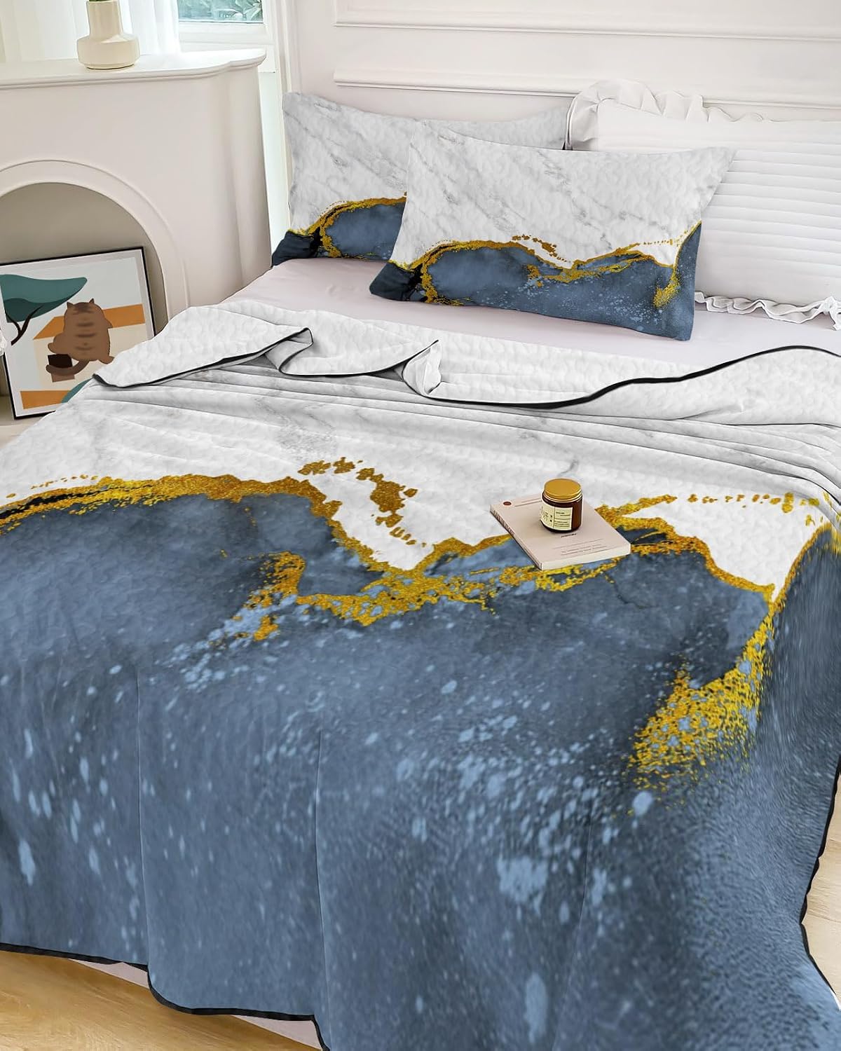 Full Size Quilt Set, Blue Marble Gold Foil Lightweight Bedspread Coverlet Set Soft Microfiber Summer Quilt with 2 Pillow Shams, Grey Gradient 3 Piece Comforter Bedding Set