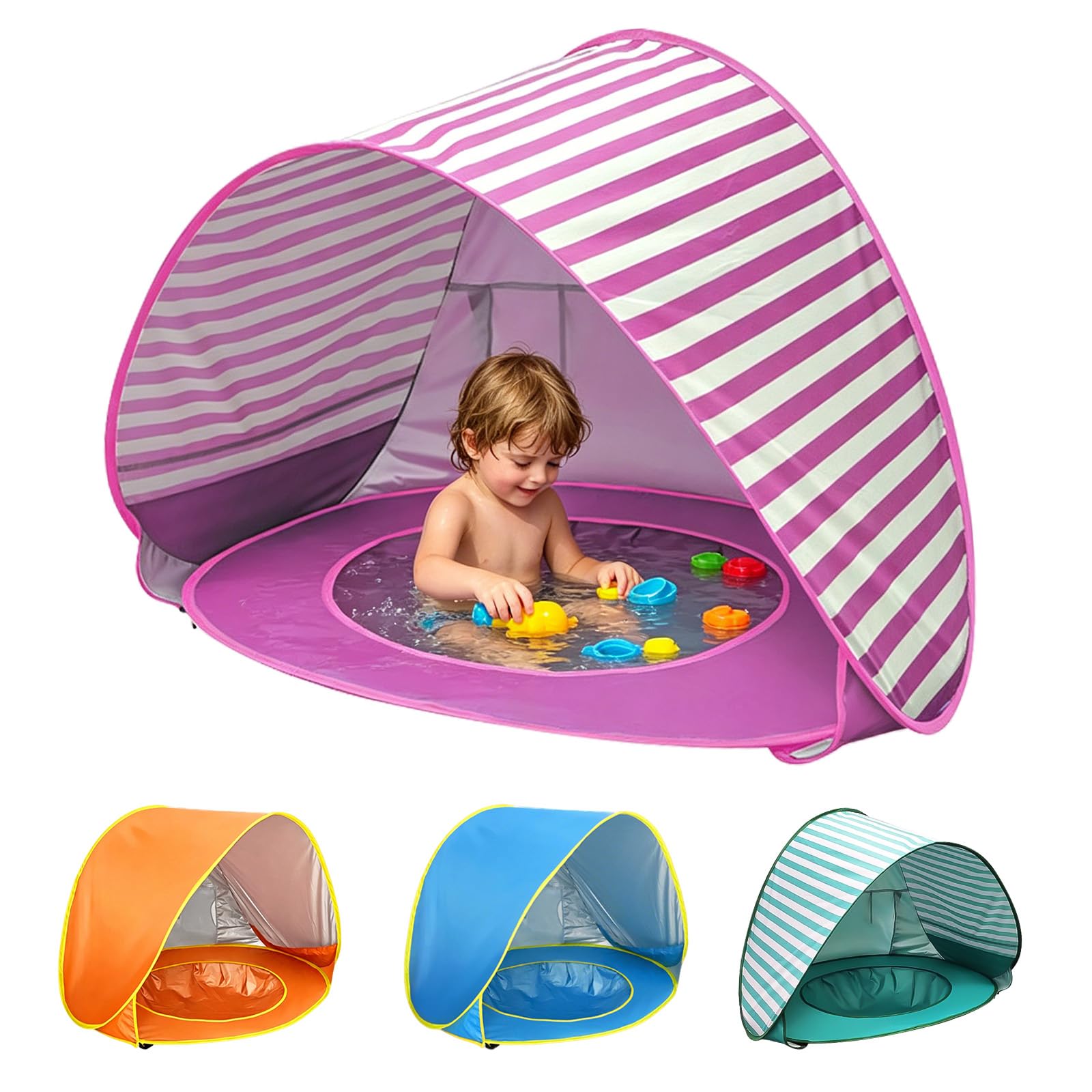 Refugio de playa para bebé con mini piscina, tienda de playa para bebé con protección UV, concha de playa portátil para niños, protección solar, tienda de playa para playa, jardín y viajes (rayas