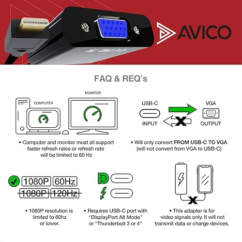 Miniatura 7 de Avico Adaptador USB C a VGA  1080P  60hz  macho a hembra  para monitores, televisores, PC, MacBooks, proyectores  Compatible con Thunderbolt
