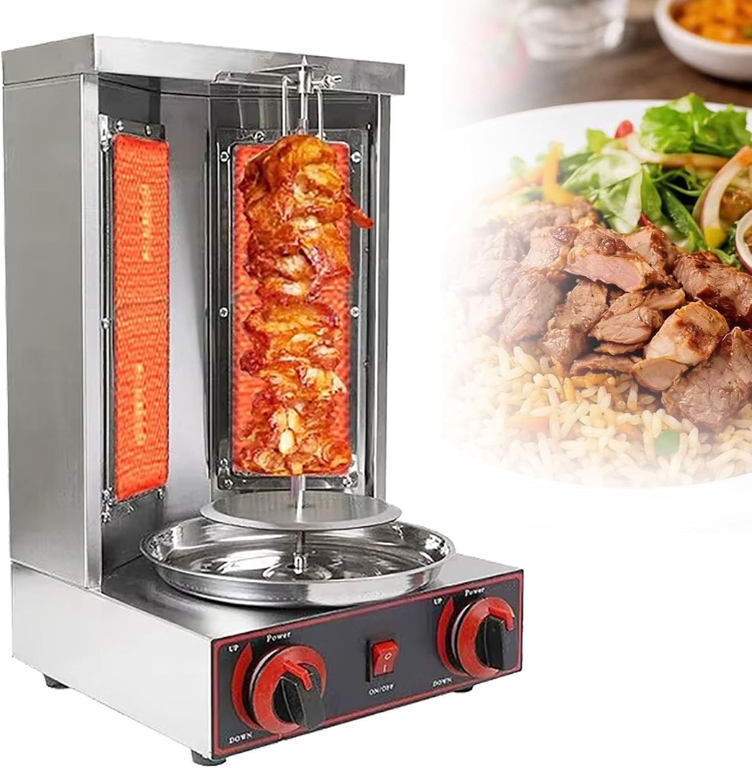 Pionowy grill gazowy, komercyjny grill shawarma, kebab, żyroskop i tacos.