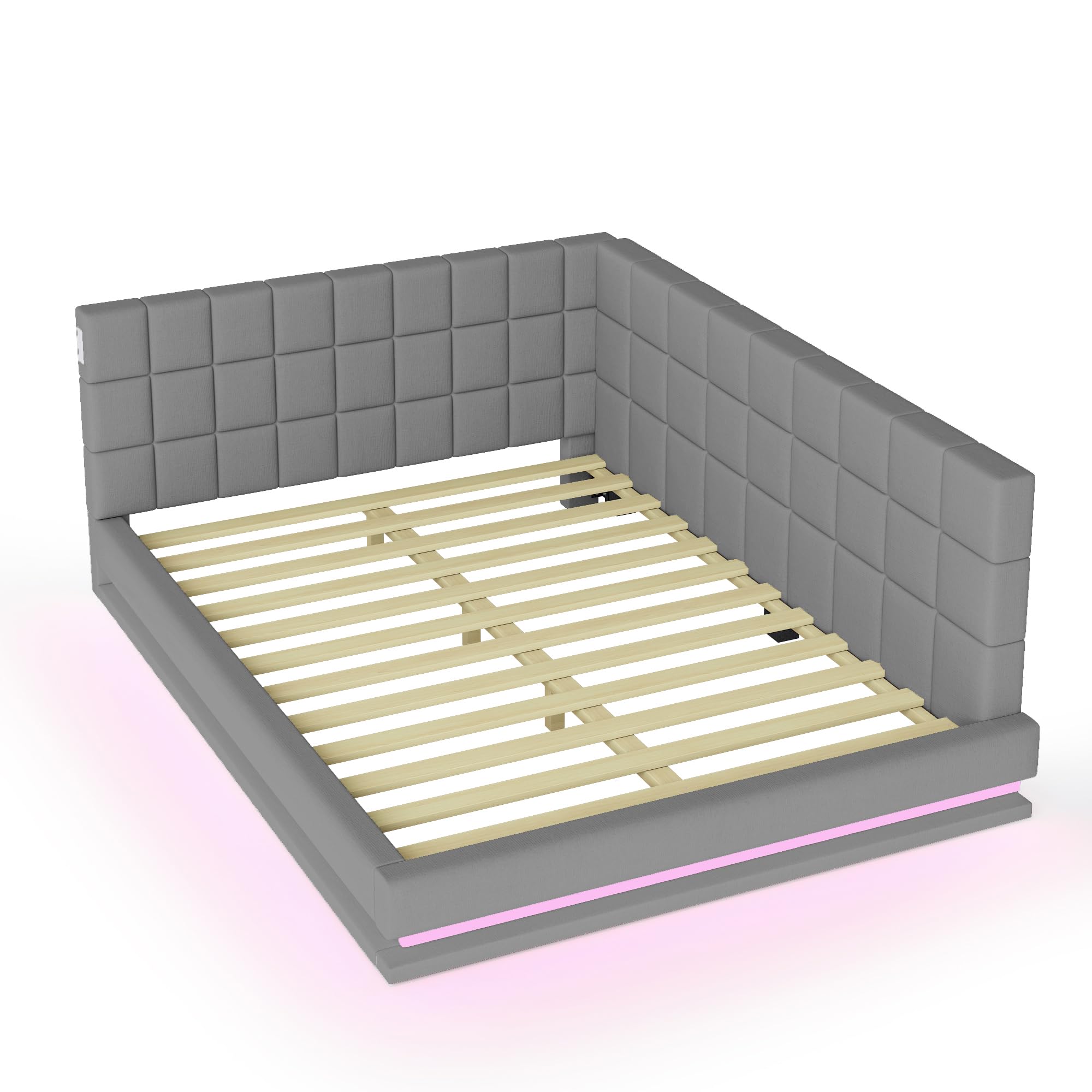 ZYLOYAL10 Cama tapizada para sofá cama multifunción con somier de láminas de tela aterciopelada agradable al tacto (tira de luz LED gris, 140 x 200 cm)