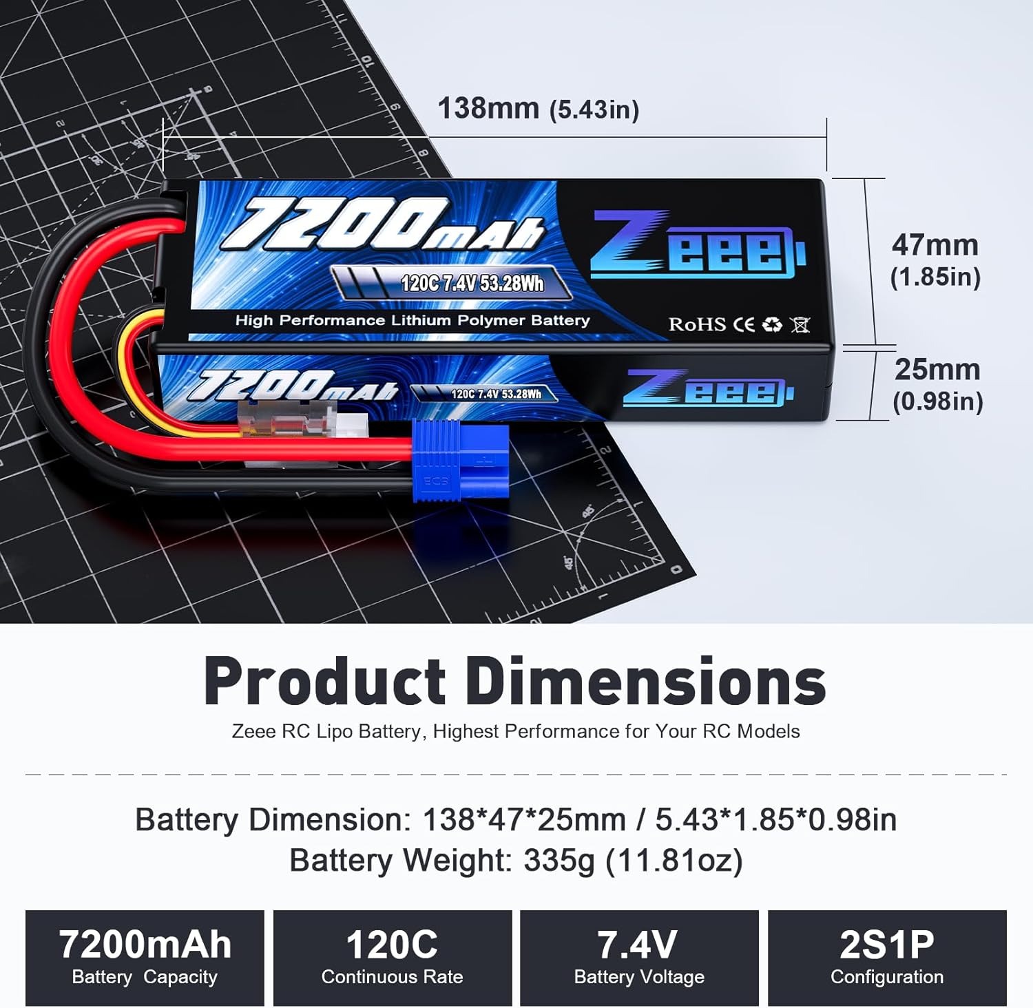 Zeee 2S Lipo Battery 7200mAh 7.4V 120C Hard Case RC Battery with EC3 Connector for RC Car Truck Truggy Buggy Tank 1/10 Scale Racing Models(2 Pack)