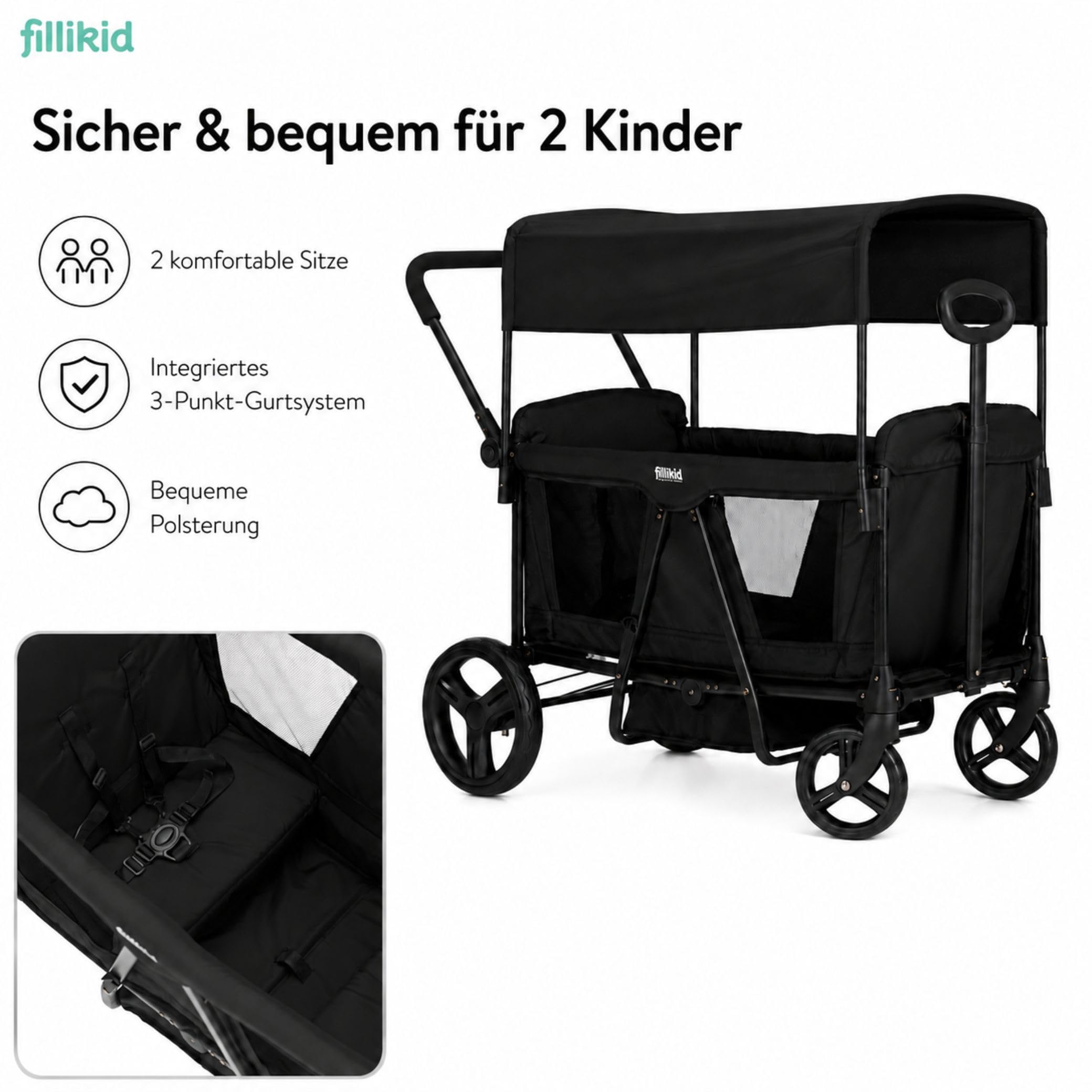 Fillikid Bollerwagen Oskar Exklusiv I Faltbarer Handwagen mit Dach, Schiebegriff I Transportwagen für Kinder & Gepäck, belastbar bis 88 kg I stabil & platzsparend klappbar I 2-Sitzer mit Gurtsystem
