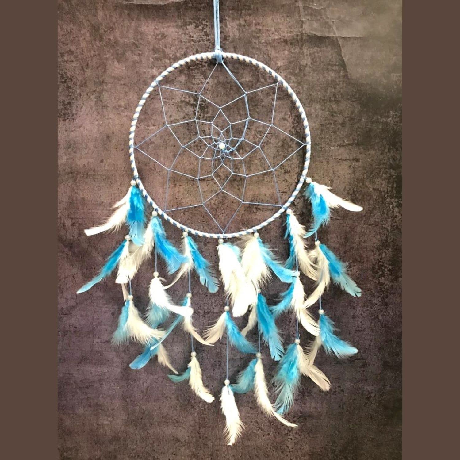 Economique® Dream Catchers, Wall Hangings, Home Decor, Handmade Room Decor Items for Bedroom, Balcony, Party, Cafe, Ring Beaded with Navy Blue & White Feather (Light Blue)-image-8