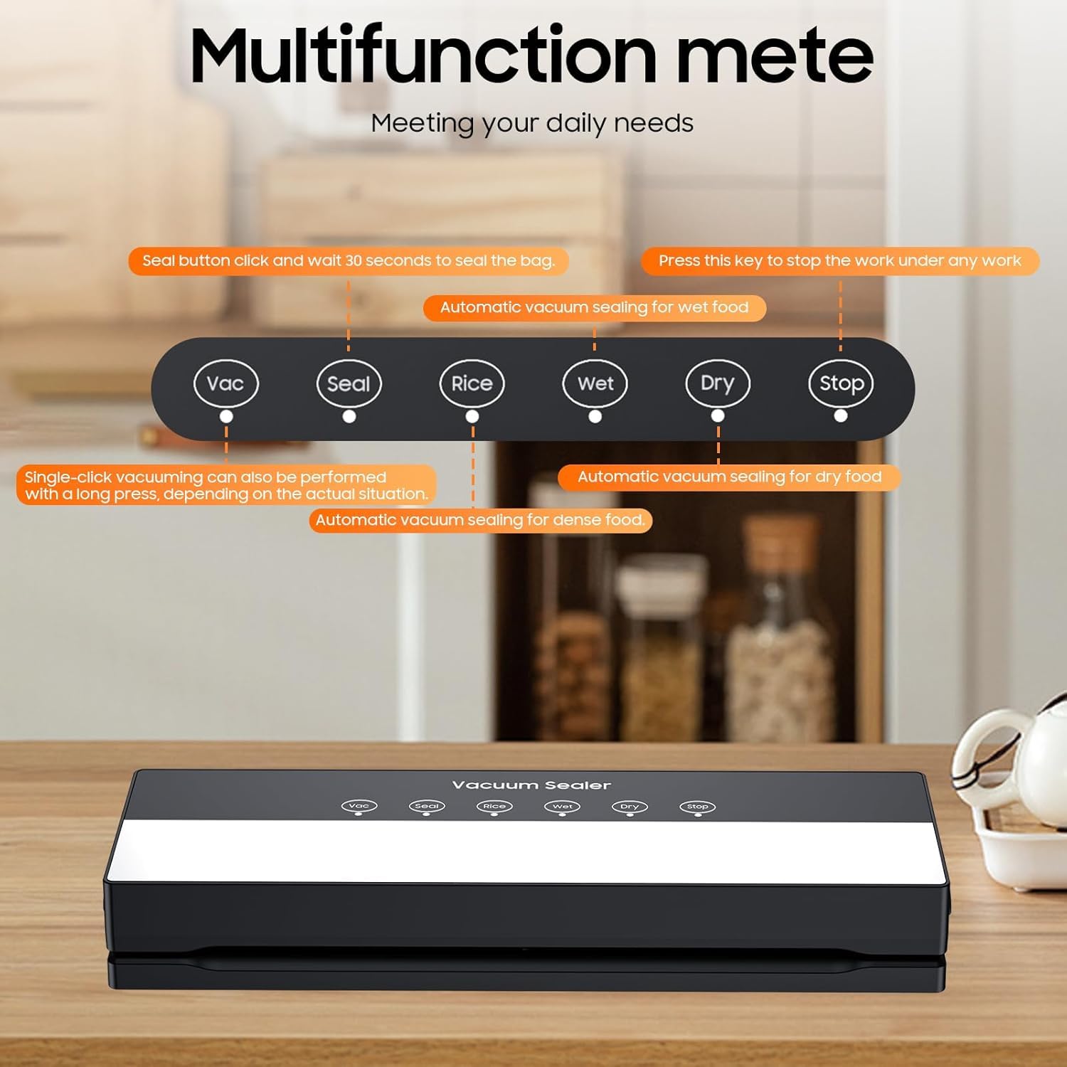 Macchina Sottovuoto,Potente 90Kpa Precisione 5 in 1 Sistema di Conservazione degli Alimenti Sottovuoto, Include sacchetto per il vuoto, Modalità a Secco e Umido Nero (Black, 10 vacuum bags)