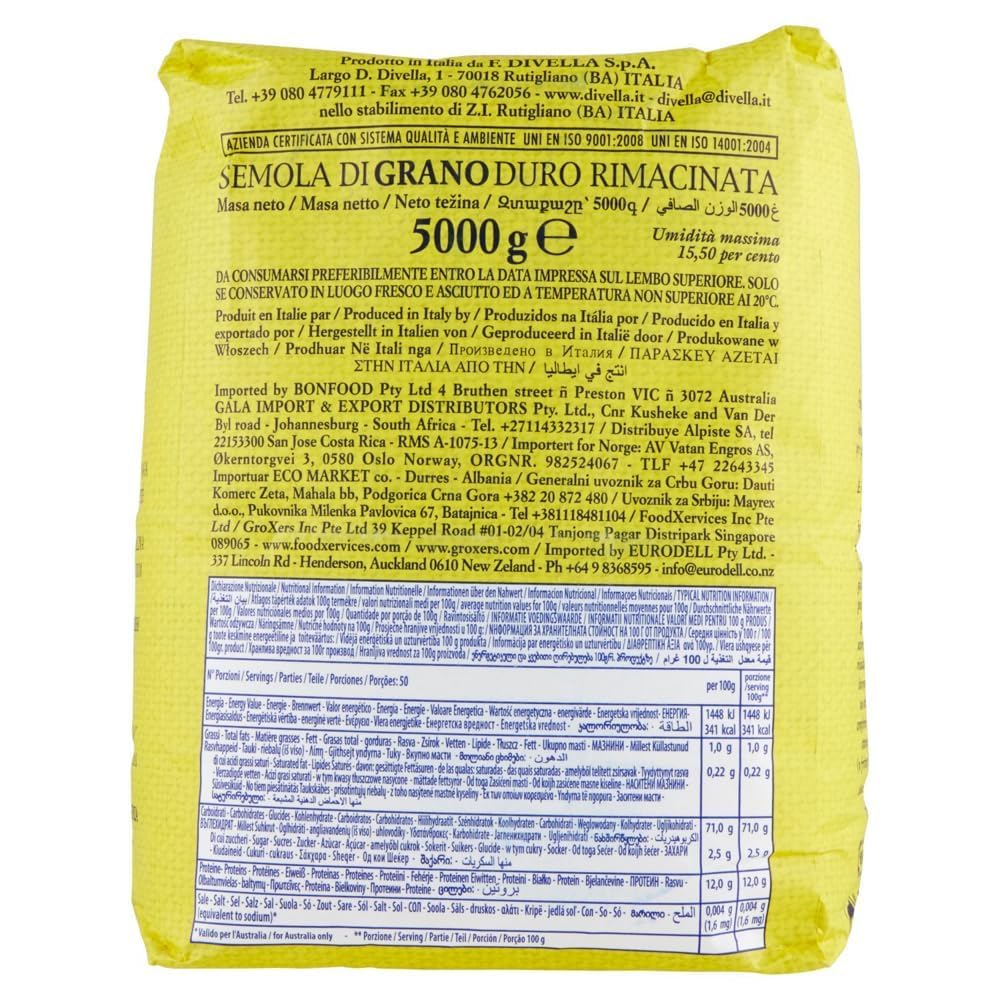 Italian Gourmet Bundle Divella Semoule de Blé Dur Remoulue 3x5kg – Semola Rimacinata fine pour pâte fraîche, pain, pizza & focaccia, qualité pro grand format 15kg réserve + Italian Gourmet Polpa