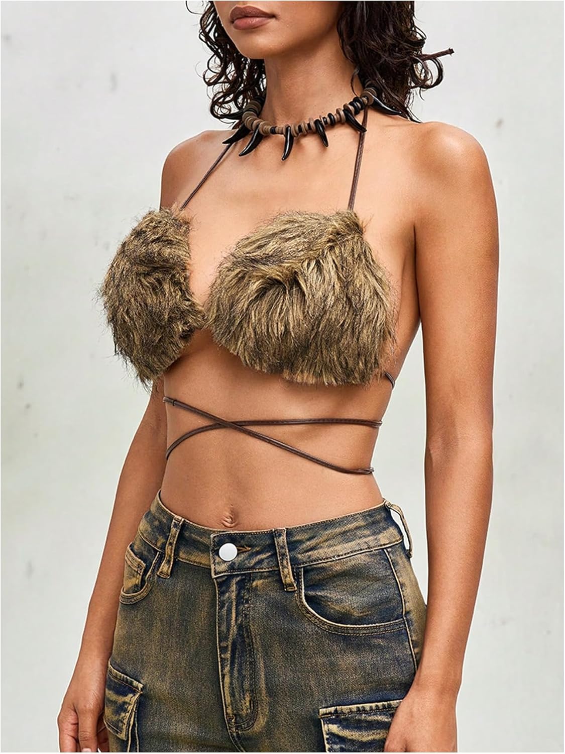 MakeMeChic Women's Faux Fur Bra Top Furry Halter Backless Crop Tops Criss Cross Tank Top Rave Party Clubwear - Image 2