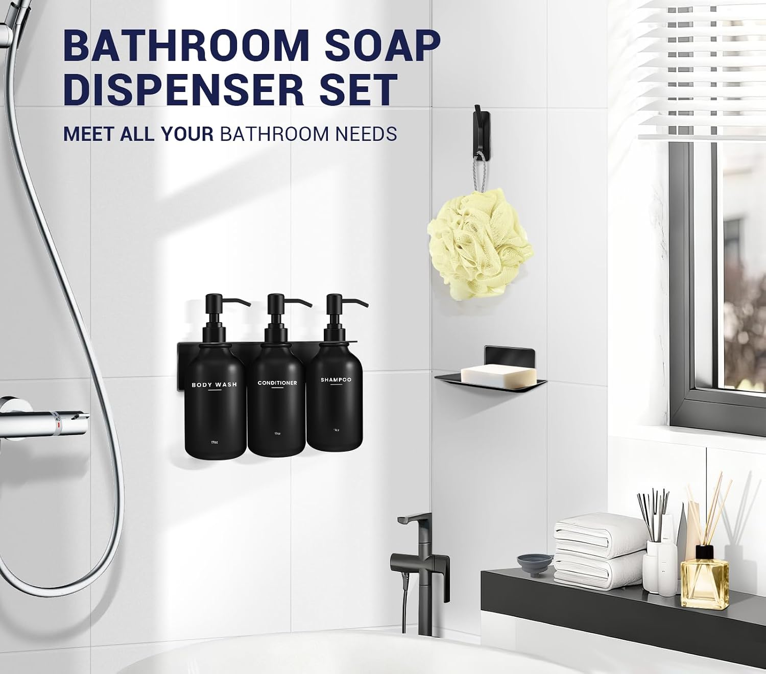 KLL Shampoo and Conditioner Dispenser Set - Shower Soap Dispenser Wall Mounted - Drill Free 17 fl oz Set of 3 Plastic Pump Bottles and Soap Holder - Jet Black