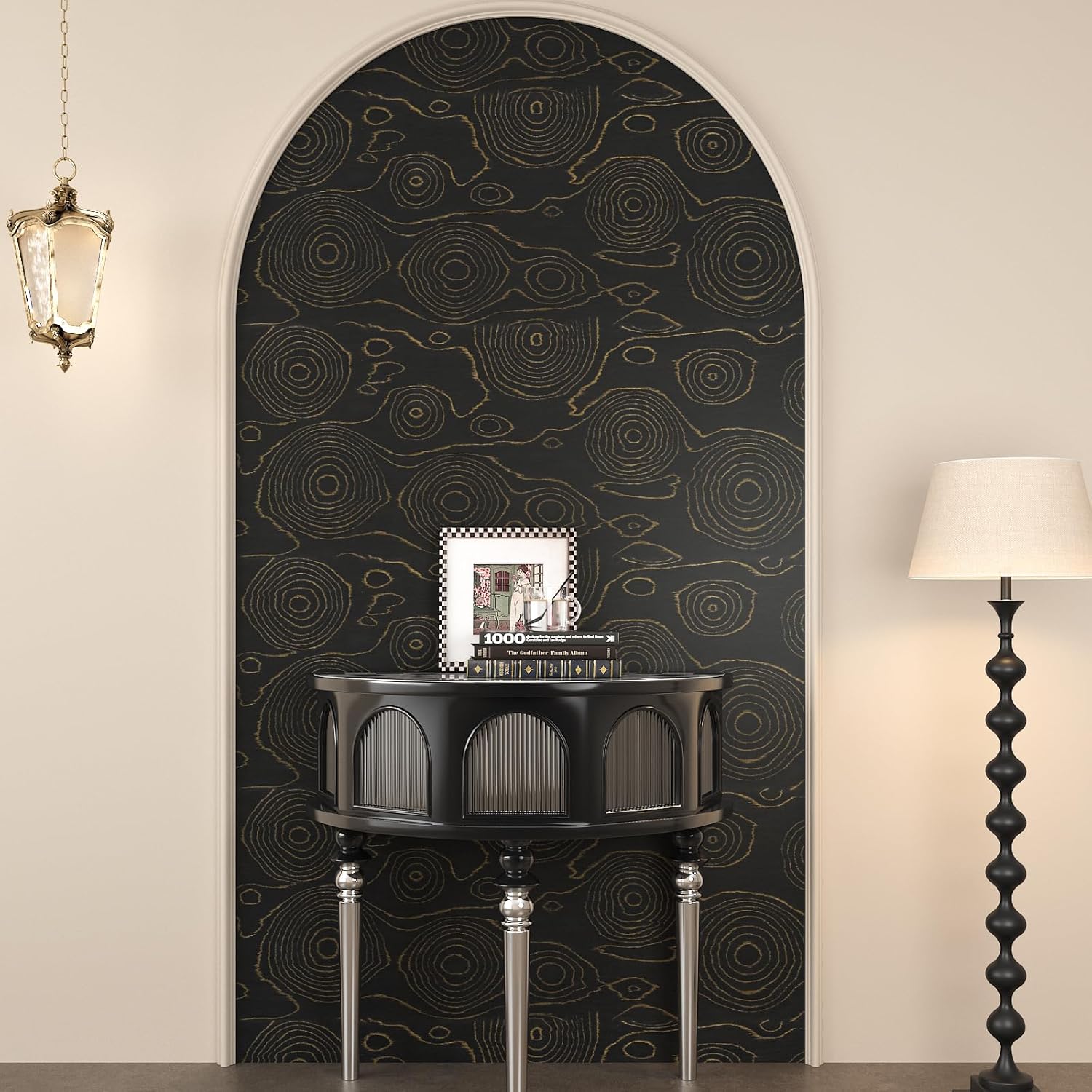 Growth Ring Geometric Peel and Stick Wallpaper Self Adhesive Matte Black and Gold Wallpaper 15.7"x472" Waterproof Removable Abstract Wall Paper Black Vinyl Wrap for Cabinets Bedroom Bathroom