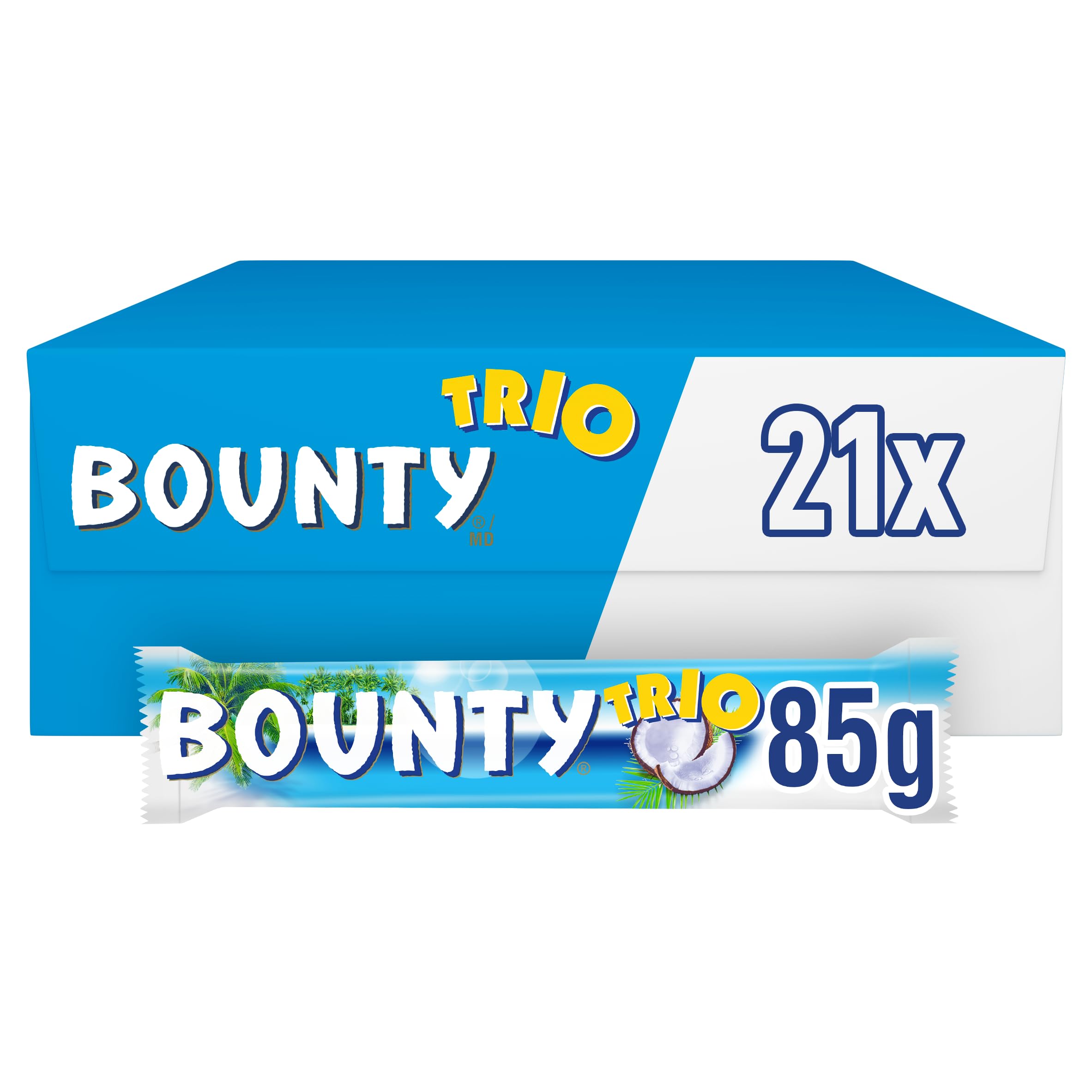 Bounty Trio Coconut & Milk Chocolate Bars Bulk Box, 21 x 85g, Coconut Filling, Bulk Chocolate for Sharing, Ideal for Office Treats & Snacks, Gift Hampers & Movie Nights