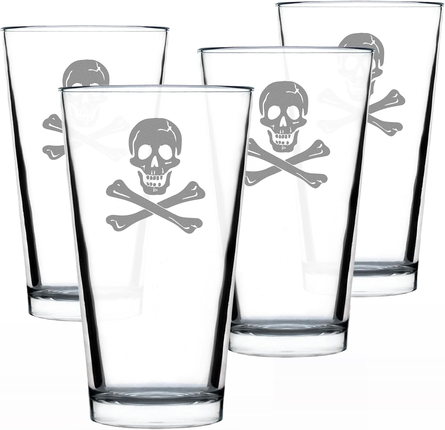 Bevvee Skull and Crossbones Pint Glass for Beer - Skull Decor and Jolly Roger Flag Gifts - Set of 2-16 Oz Glasses