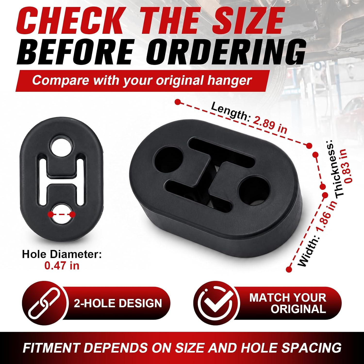 Rubber Exhaust Hangers, 4 Pack 2-Hole Muffler Hanger Insulator, EPDM Exhaust Hanger Rubber Bushing Mount, 0.47 Inch Exhaust Pipe Tailpipe Hangers for Cars, Trucks & SUVs