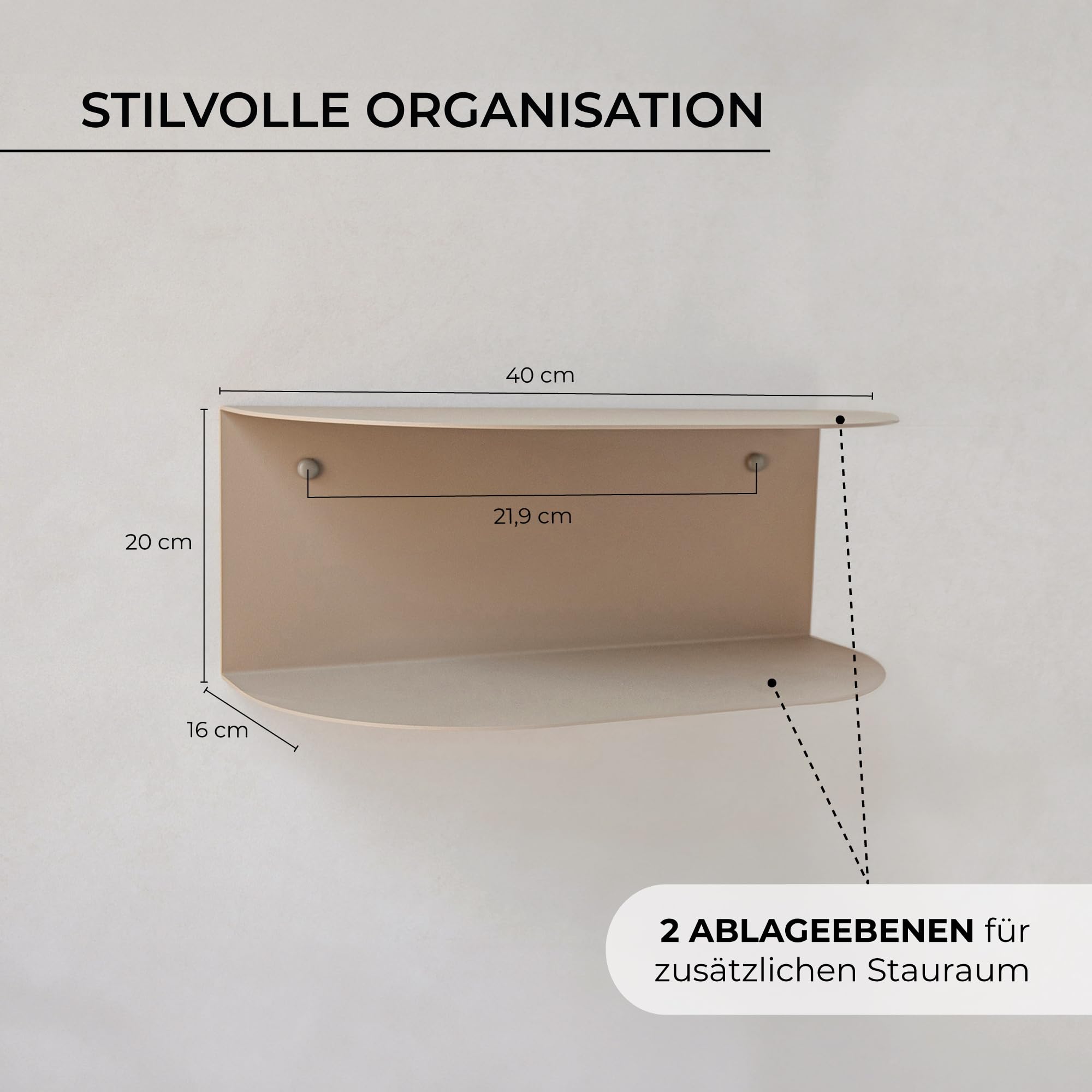 MILUKA Schwebender Nachttisch Hängend 2er Set (2 Stück) aus Metall Beige Sand | 40 x 20 cm, mit 2 Ebenen | Ohne Montage, Wandregal Modern & Konsolentisch