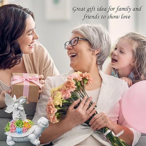 Miniatura 6 de Estatuas de jardín al aire libre, decoración solar de ángeles de tortuga con suculentas, luces LED, adornos de jardín, figuras para patio, césped,