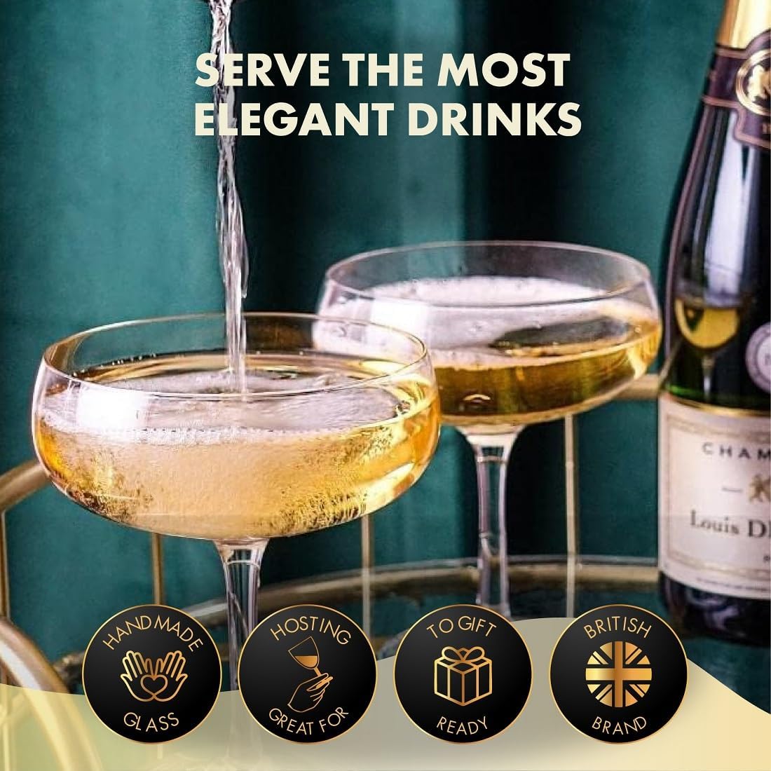 VEMACITY - Elegant Handblown Coupe Cocktail Glasses Set of 2 (10oz) - Crystal Espresso Martini Glasses, Champagne Saucers - Vintage Glassware | Wedding Gift | Ideal for Martinis and Margaritas