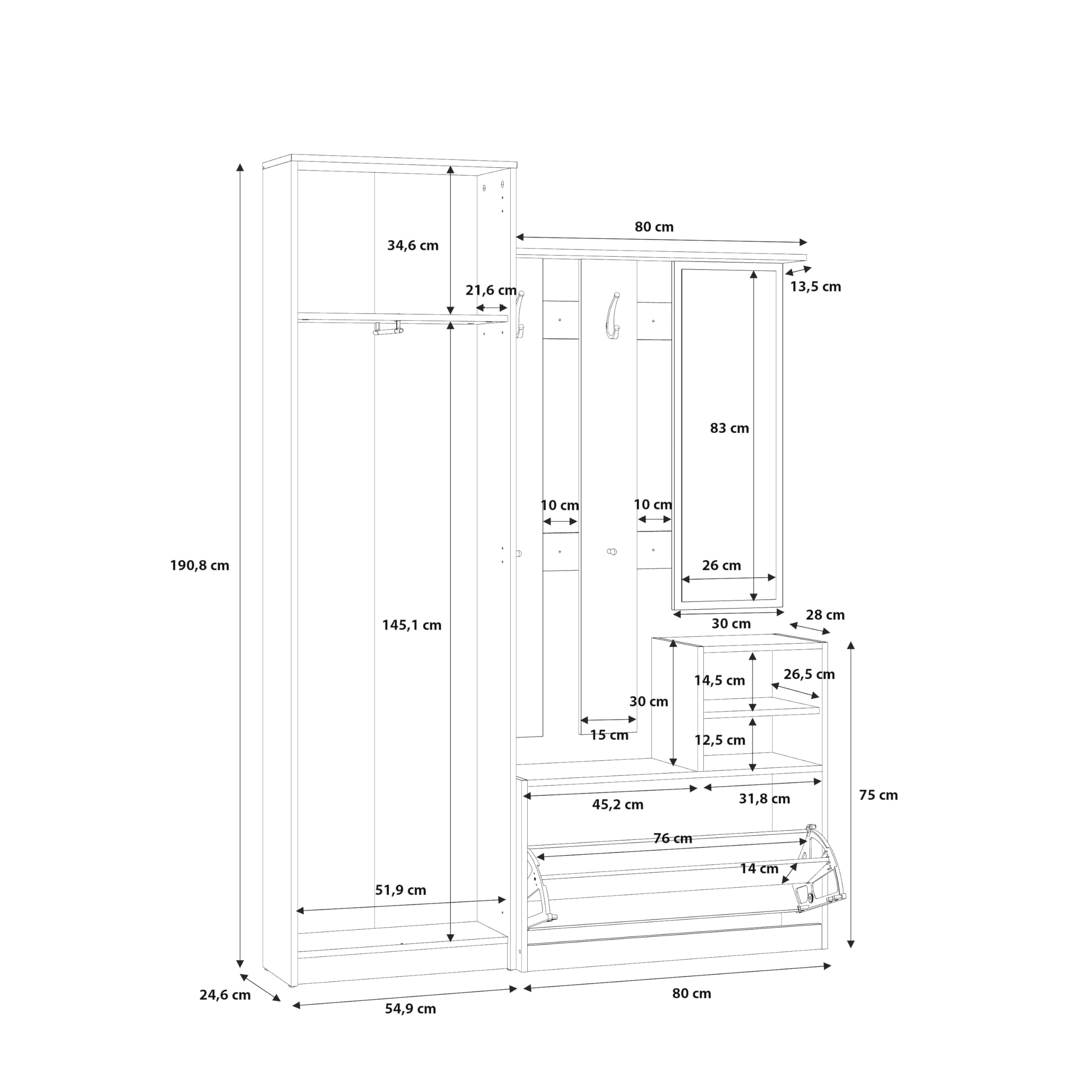 Forte NIKO Garderobenschrank 130 140, Skandi-Mehrzweckschrank, 2-türig, 1 Schublade, Spiegel, Haken, Flur, Artisan Eiche Holzdekor, 135 cm breit x 190,8 cm hoch x 28 cm tief