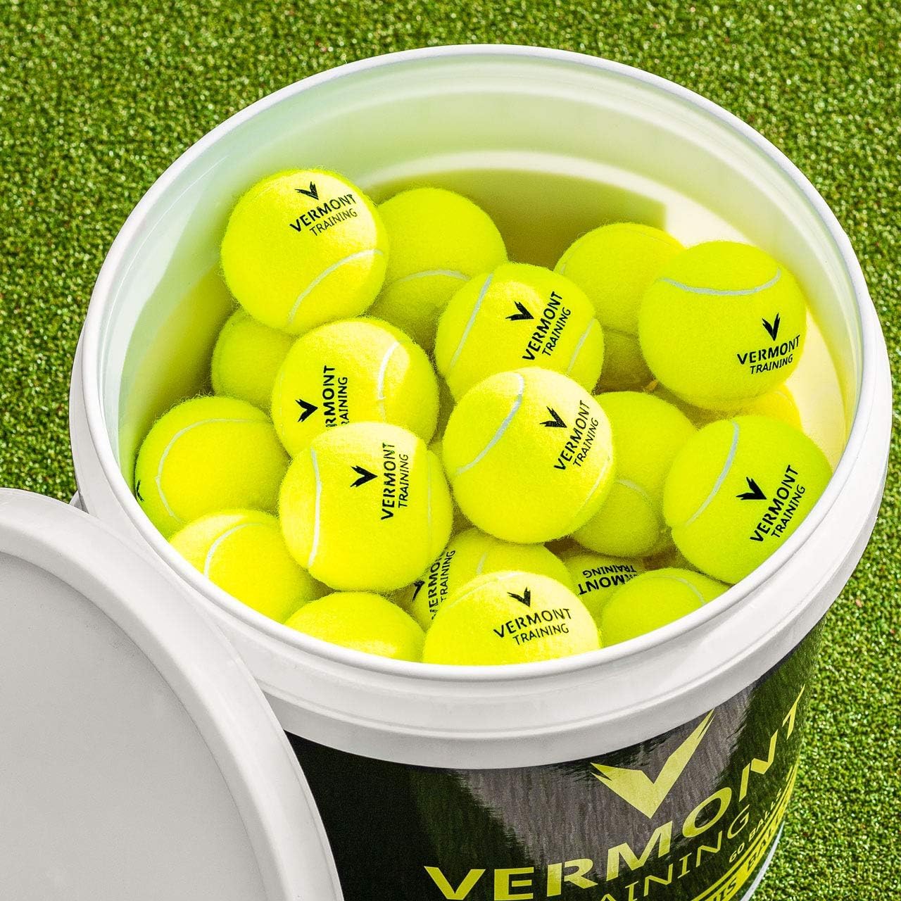 Vermont Balles d’Entraînement de Tennis – Seau de 60 | Noyau sans Pression, Durables | Adaptées à Toutes Surfaces | Idéal Clubs, Écoles et Entraîneurs