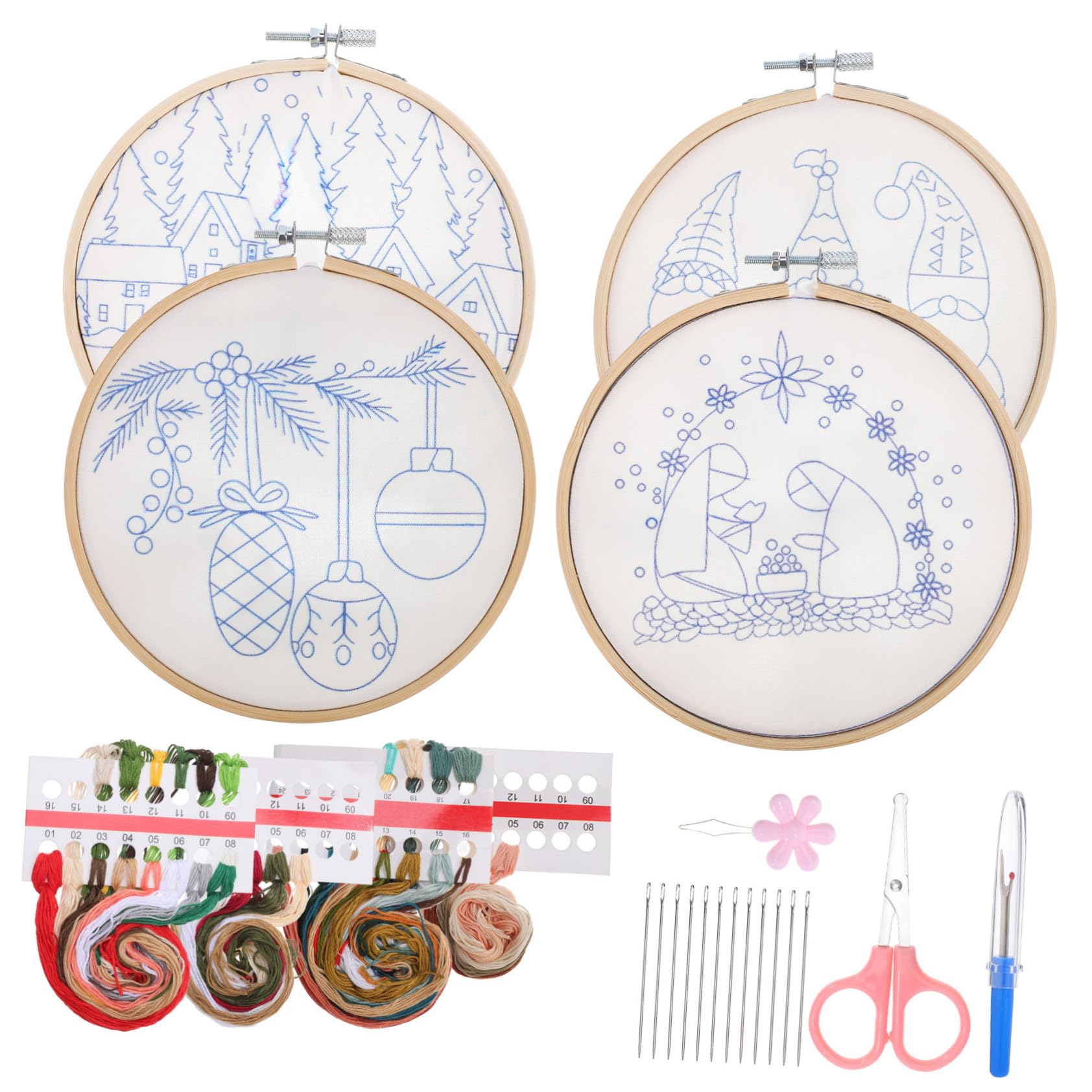 WOONEKY Kit De Broderie De Noël Pour Débutants Complet Avec Cerceaux Motifs Et Outil Enfilage Pour Décorations De Noël