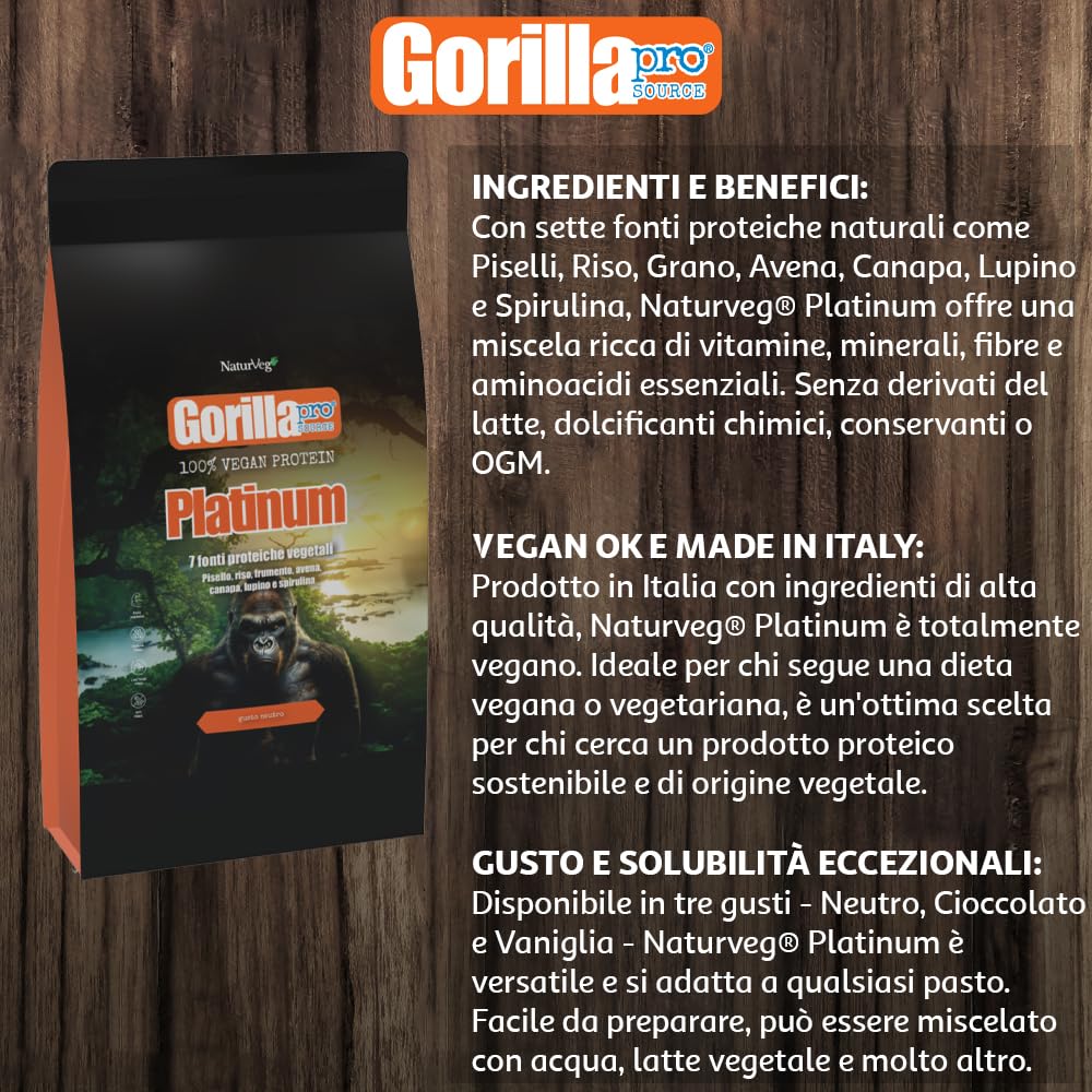 Naturveg® GORILLA PRO Platinum - Proteine Vegane in Polvere 1 Kg- Con proteine vegetali di Piselli, Riso, frumento, Avena, Canapa, Lupino, Spirulina (1Kg, Vaniglia)