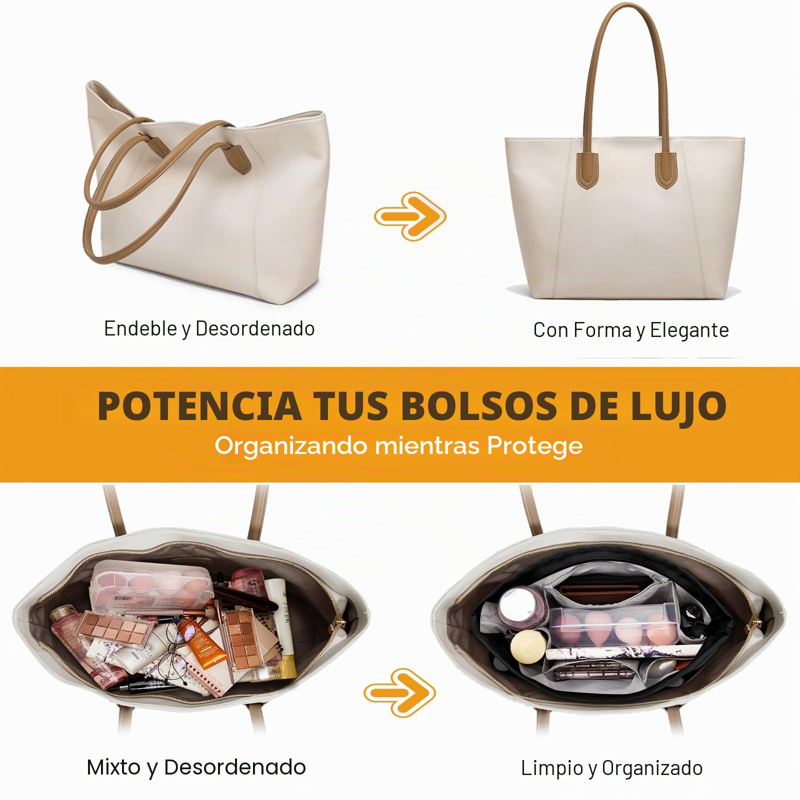 Organizador de Bolsos de Mano, Organizador de Bolsos de Nailon Resistente al Agua, Organizador de Bolsas, Organizador de Bolsas con Llavero y Cremallera, Negro L