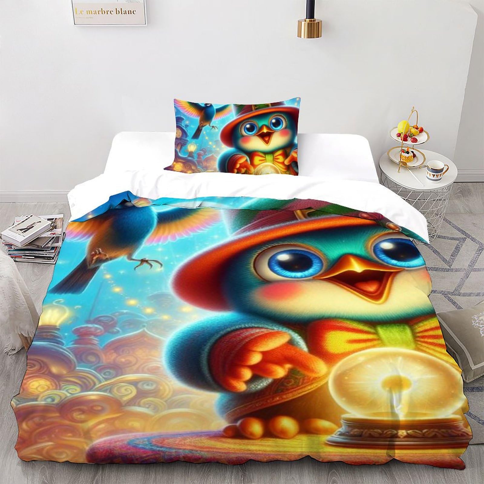 Housse de couette animaux imprimé oiseaux lit single 135x200cm couvre-lit microfibre