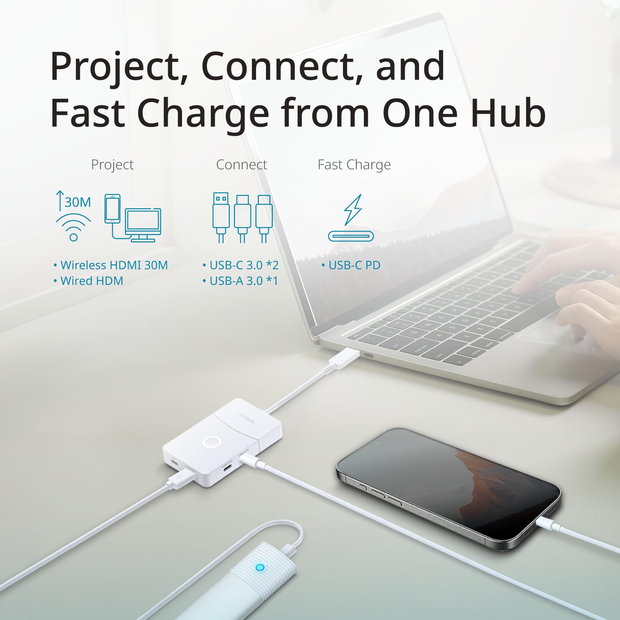 D-Link DUP-501 Hub USB-C 5-en-1 avec HDMI sans Fil, HDMI 4K 2.0, Affichage sans Fil 1080p, Charge USB-C PD 100W, Ports USB 3.0, Plug & Play pour Windows, macOS et Android
