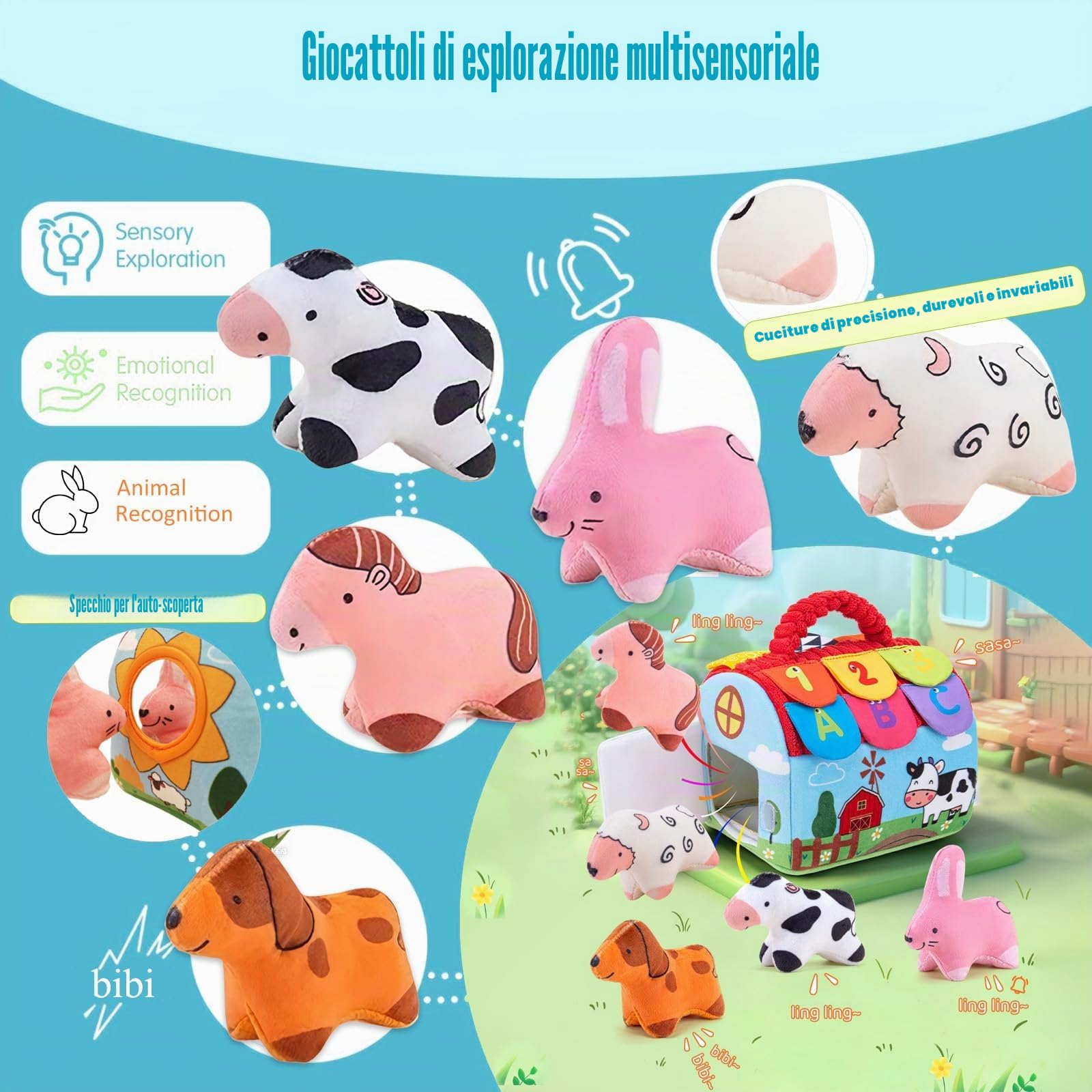 Giocattoli per Bambini 6-12 Mesi, Sorpresa Fienile in Peluche Set di Animali Della Fattoria, Montessori Giocattolo per Bambini, con Campanello, Specchio, Regali di Natale e Compleanno per il Bambino