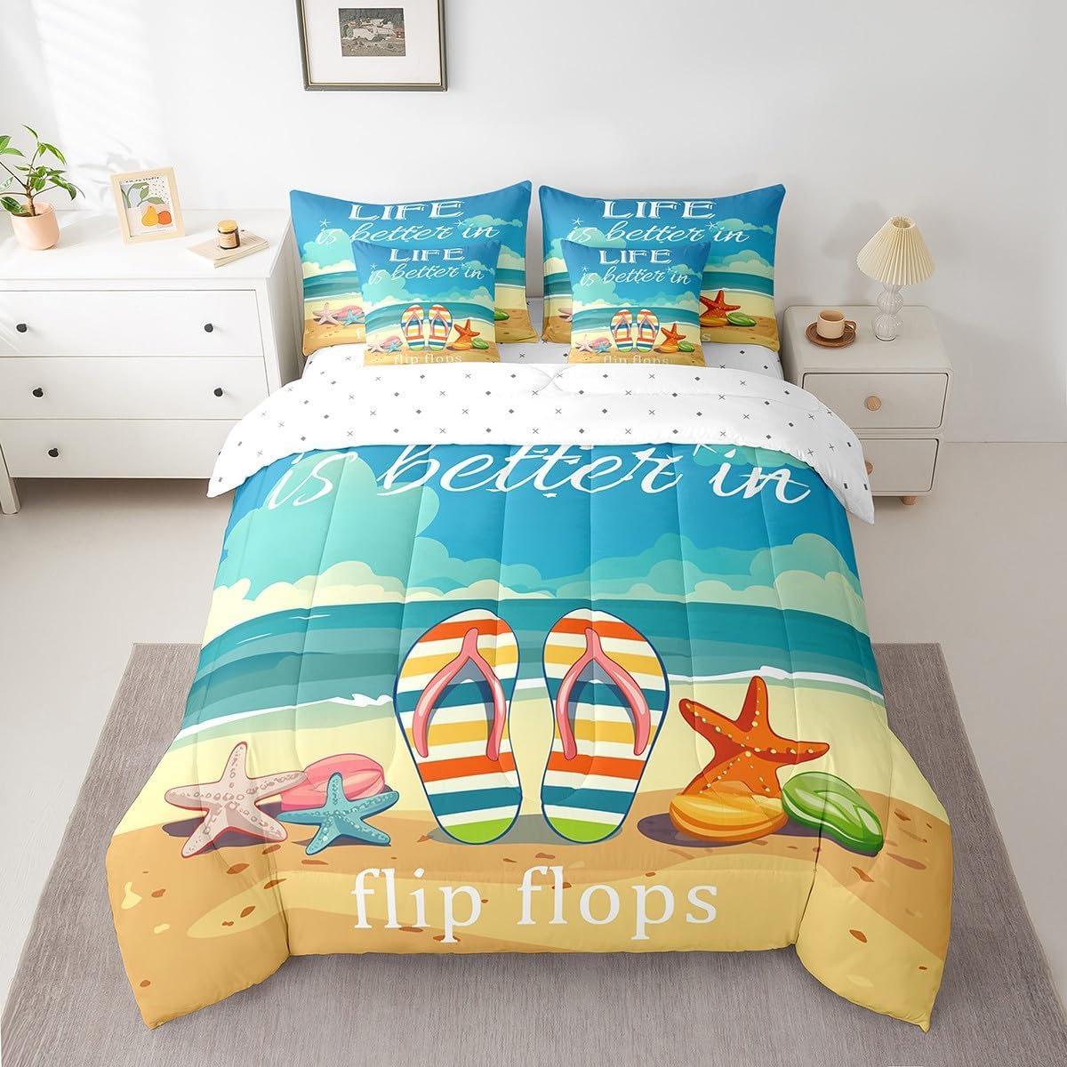 Erosebridal Hawaii Beach Bed in a Bag Queen Comforter Set 7 Piece,Kawaii Tropical Ocean Bedding Sets Summer Holiday Starfish Comforter and Sheet Set,Life is Better in Flip-Flops Bed Set