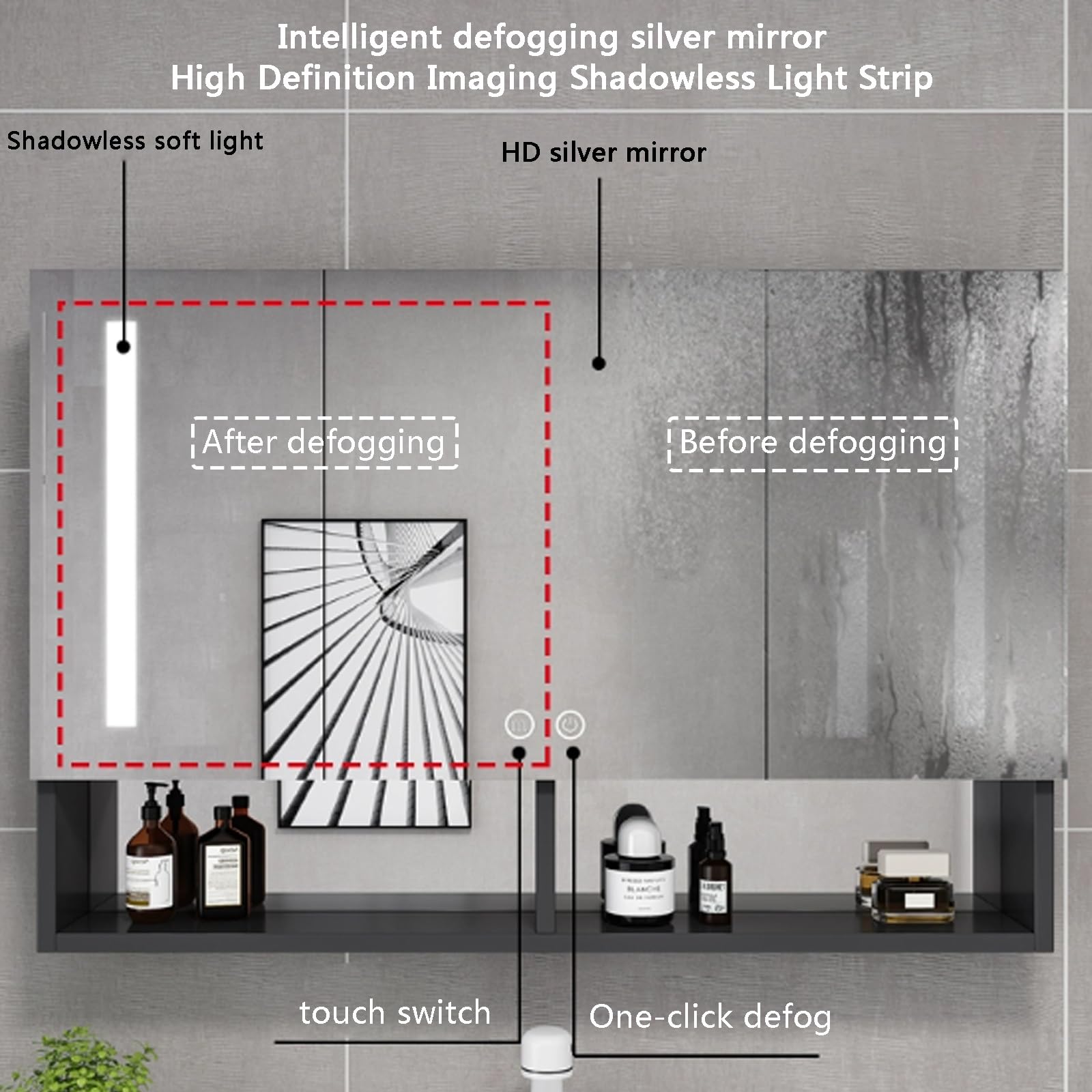 Aluminiowa apteczka ze światłami LED, inteligentne przechowywanie przeciwmgielne, oświetlenie do toaletki, przełącznik dotykowy, uchwyt na suszarkę do włosów, z otworami na papier higié