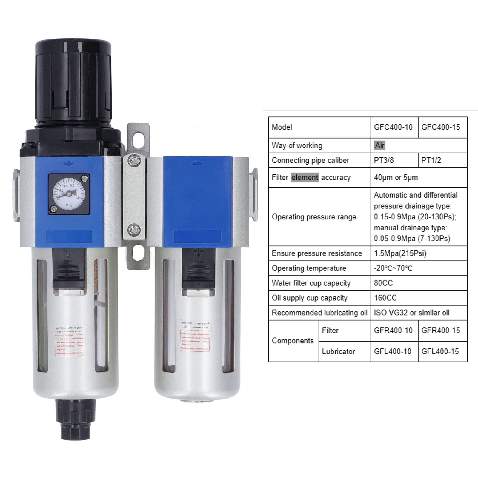 Filtro Regulador Lubricador de Aire Comprimido 3 en 1 con Drenaje Manual, Automático y por Presión Diferencial para Sistemas Neumáticos (GFC400-10)